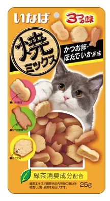 INABA Yakimiksu Лакомство для кошек Снеки со вкусом кацуобуси, морского гребешка и кальмара