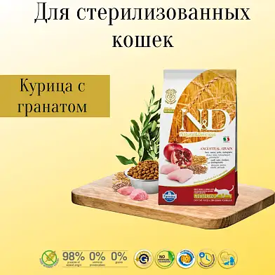 Farmina n&d ancestral grain низкозерновой корм для стерилизованных кошек (курица с гранатом)